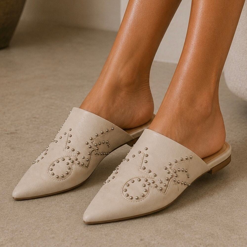 SCHUTZ Studded Pointed Toe Mules Cream Western Star Detail Flats | Size 6.5